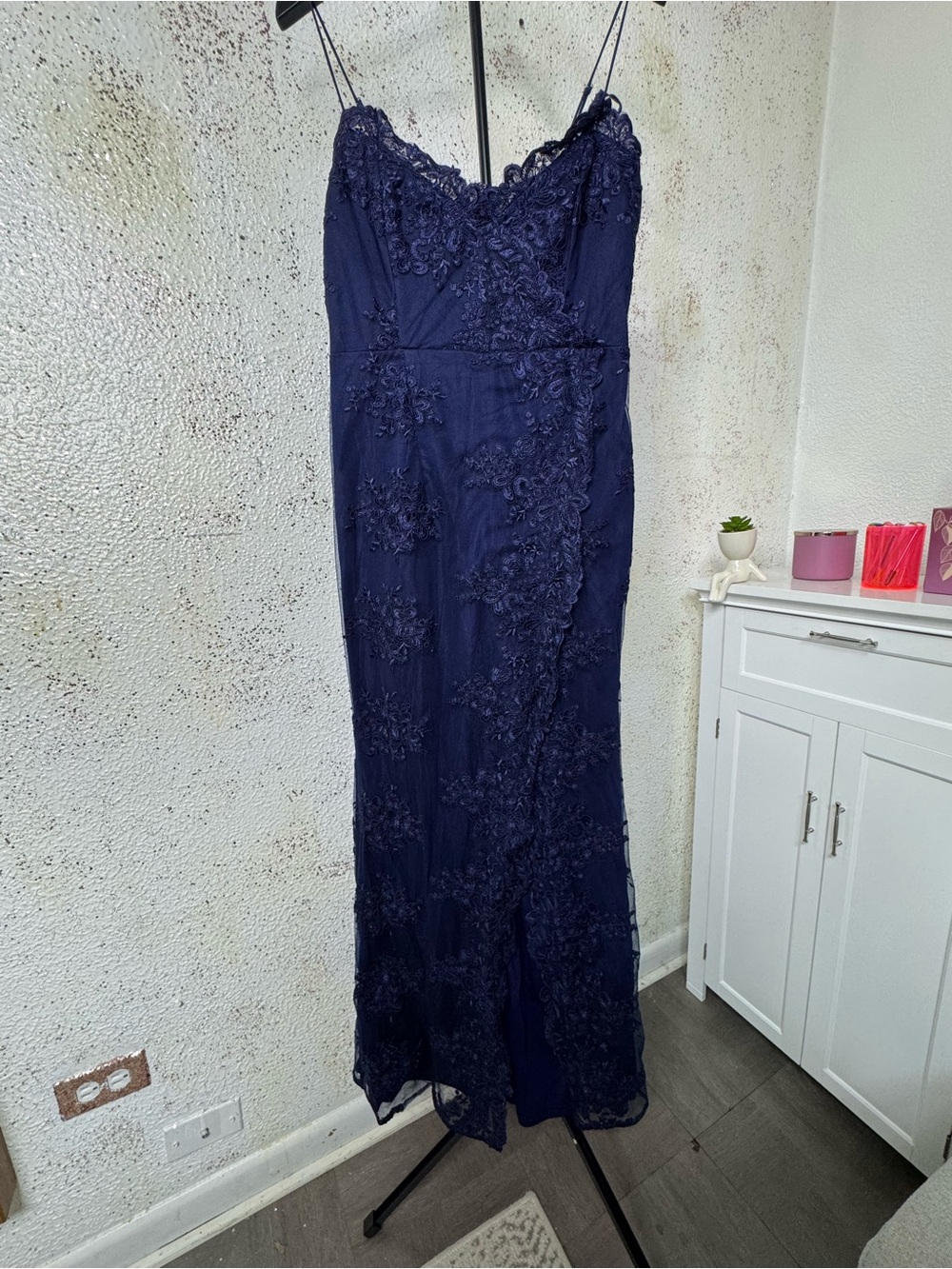 Fashion Nova Navy Strapless Lace Slip Gown